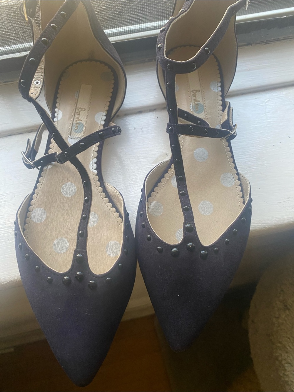Boden Navy Pointed T-Strap Flats with Stud Accents